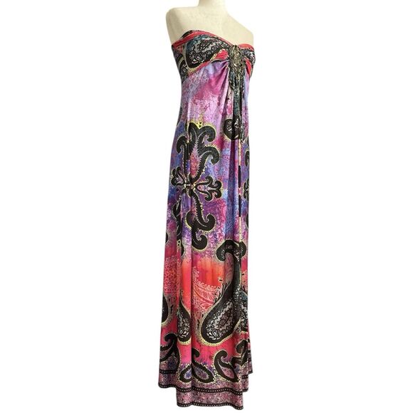 Boston Proper Boho Goddess Strapless Maxi Dress Size M Hippie Medallion Beading - Picture 3 of 14